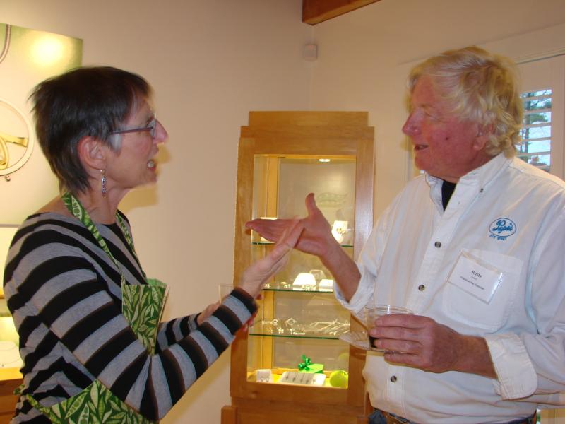 Ronna Lugosch, left, owner of Peapod Jewelry in Edgecomb, chats with Rusty Court of East Boothbay. Lugosch's Route 1 business hosted a Boothbay Harbor Region Chamber of Commerce, Business After Hours event on October 23. SUSAN JOHNS/Wiscasset Newspaper