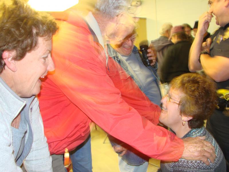 Wiscasset’s laid-off assessors’ agent Sue Varney, right, is greeted by well-wishers after Tuesday night’s vote. SUSAN JOHNS/Wiscasset Newspaper