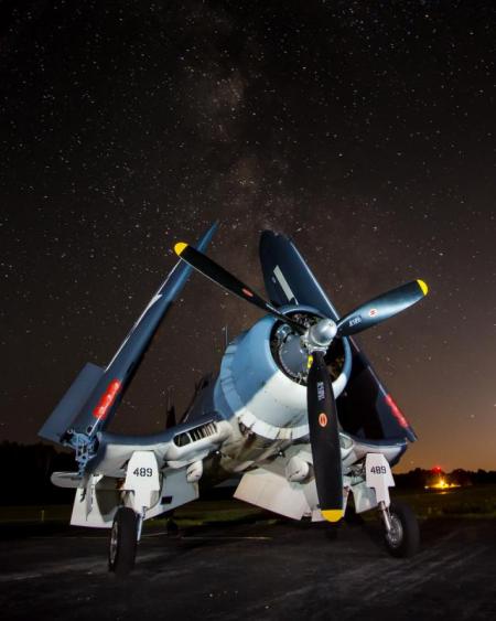 FG-1D Corsair, "Whistling Death," with the Milky Way in the background, from Texas Flying Legends Museum. Courtesy of Dave Cleaveland/Maine Imaging/www.maineimaging.com
