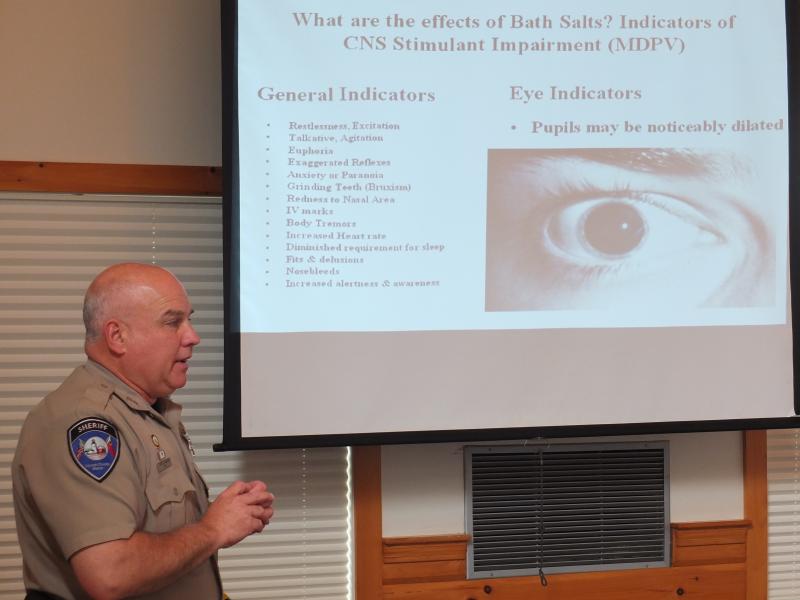 Deputy Mark Bridgham and Detective Sergeant Andrew Pease (not pictured) of the Lincoln County Sheriff's Department gave a presentation on "bath salts" and other synthetic drugs to county staff at the Convention of Maine Counties on September 6. Participants learned about the challenges facing law enforcement officials in combating new generations of synthetic drugs, which officers said are easily attainable, relatively cheap and have deadly consequences. JOHN MAGUIRE/Wiscasset Newspaper Deputy Mark Bridgham and Detective Sergeant Andrew Pease (not pictured) of the Lincoln County Sheriff's Department gave a presentation on "bath salts" and other synthetic drugs to county staff at the Convention of Maine Counties on September 6. Participants learned about the challenges facing law enforcement officials in combating new generations of synthetic drugs, which officers said are easily attainable, relatively cheap and have deadly consequences. JOHN MAGUIRE/Wiscasset Newspaper