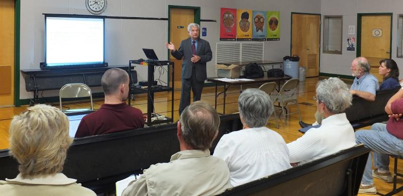 A small group of residents and school board members discussed state funding and costs allocated among towns in Sheepscot Valley Regional School Unit 12 during a public hearing in Somerville the night of September 5. It was the third and final public hearing on the revamped budget cost-sharing plan before the RSU's Finance Committee seeks its approval from the school district's Board of Directors. The public will have more opportunities to hear the proposed new plan before it goes to a referendum vote in November. JOHN MAGUIRE/Wiscasset Newspaper A small group of residents and school board members discussed state funding and costs allocated among towns in Sheepscot Valley Regional School Unit 12 during a public hearing in Somerville the night of September 5. It was the third and final public hearing on the revamped budget cost-sharing plan before the RSU's Finance Committee seeks its approval from the school district's Board of Directors. The public will have more opportunities to hear the proposed new plan before it goes to a referendum vote in Nov