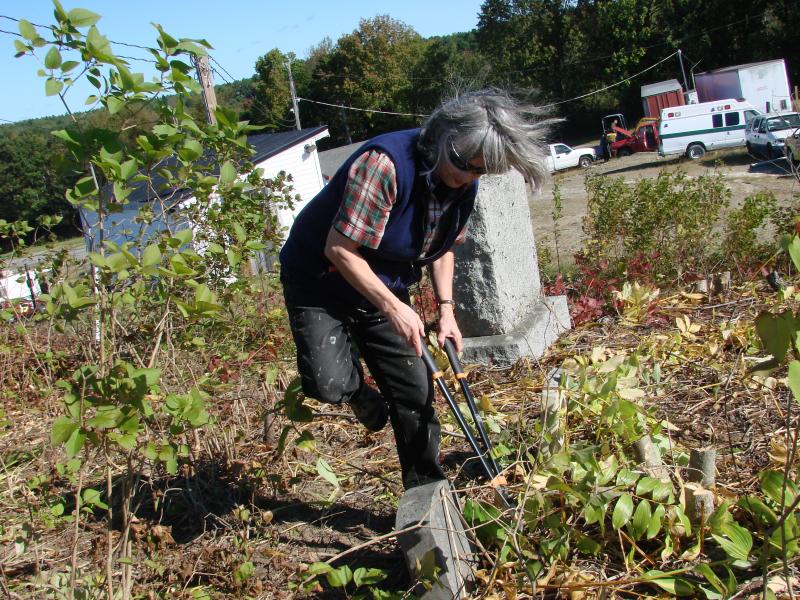 Lincoln County Community Development Director Mary Ellen Barnes prunes in the old cemetery. SUSAN JOHNS/Wiscasset Newspaper Lincoln County Community Development Director Mary Ellen Barnes prunes in the old cemetery. SUSAN JOHNS/Wiscasset Newspaper