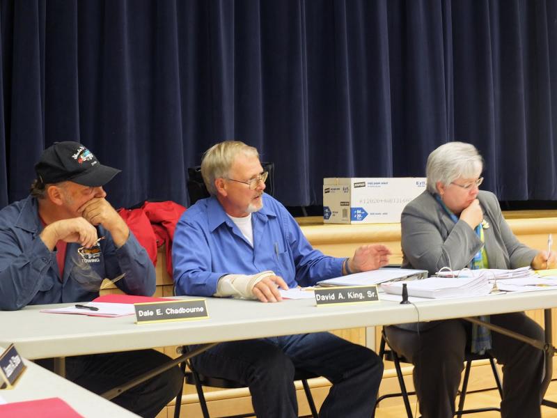 Chairman of the Woolwich Board of Selectmen David King, center, asked Kahrl to keep them apprised of the mowing work Kahrl has volunteered to the town. JOHN MAGUIRE/Wiscasset Newspaper Chairman of the Woolwich Board of Selectmen David King, center, asked Kahrl to keep them apprised of the mowing work Kahrl has volunteered to the town. JOHN MAGUIRE/Wiscasset Newspaper