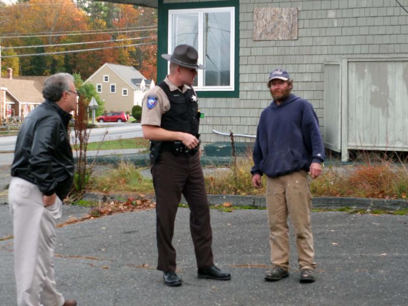 Walter Brewer, right, explains to Lincoln County Sheriff Deputy Kevin Dennison and Tony Cassella, left, how the accident occurred. KATHY ONORATO/Wiscasset Newspaper Walter Brewer, right, explains to Lincoln County Sheriff Deputy Kevin Dennison and Tony Cassella, left, how the accident occurred. KATHY ONORATO/Wiscasset Newspaper