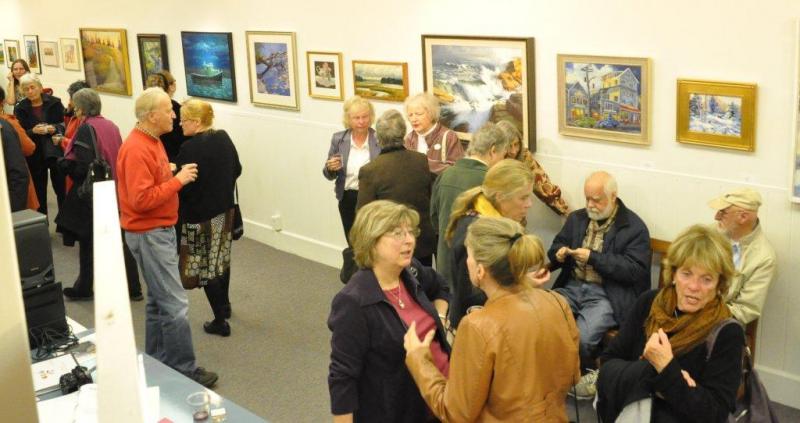 A crowd gathers Saturday at the third annual ArtinMe event at the Boothbay Region Art Foundation. Bremen's Claire Hancock won best in show for her painting, below, titled “Pink 'Knock-Out' Roses." Hancock said the roses came from her garden. BEN BULKELEY/Boothbay Register A crowd gathers Saturday at the third annual ArtinMe event at the Boothbay Region Art Foundation. Bremen's Claire Hancock won best in show for her painting titled “Pink 'Knock-Out' Roses.” The event will be on display until November 3. BEN BULKELEY/Boothbay Register