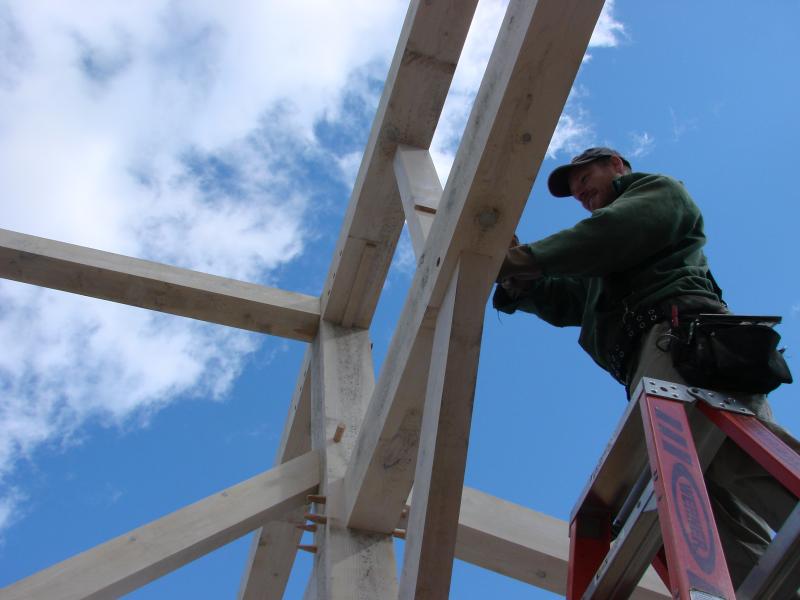 Mark Casad of Warren Wood Wrights works on the barn that will serve as an event venue and a drying house for lavender grown at the farm. SUSAN JOHNS/Wiscasset Newspaper Mark Casad of Warren Wood Wrights works on the barn that will serve as an event venue and a drying house for lavender grown at the farm. SUSAN JOHNS/Wiscasset Newspaper