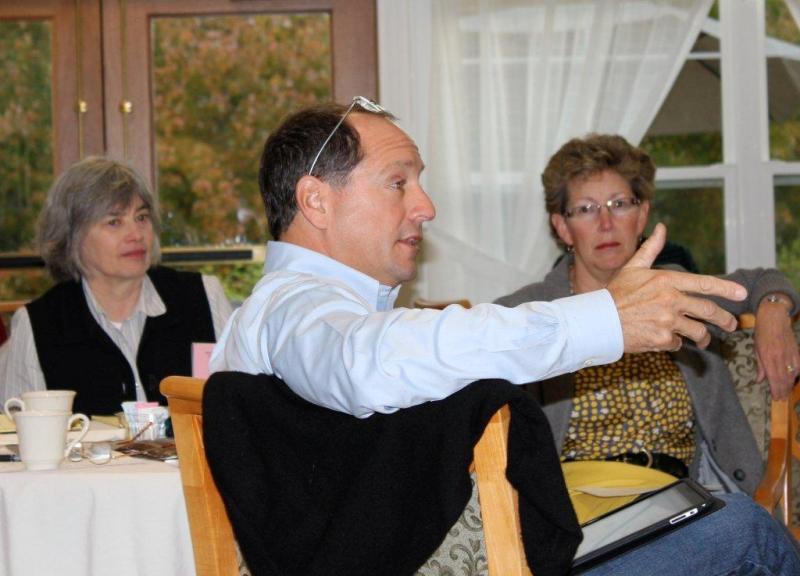 Peter Panagore challenges Lincoln County Healthcare to move beyond paternalism and to address the cultural differences between St. Andrews and Miles Memorial hospitals in the first community transition group meeting at St. Andrews Village on October 12. SUE MELLO/Boothbay Register. SUE MELLO/Boothbay Register Peter Panagore challenges Lincoln County Healthcare to move beyond paternalism and to address the cultural differences between St. Andrews and Miles Memorial hospitals in the first community transition group meeting at St. Andrews Village on October 12. SUE MELLO/Boothbay Register. SUE MELLO/Boothbay Register