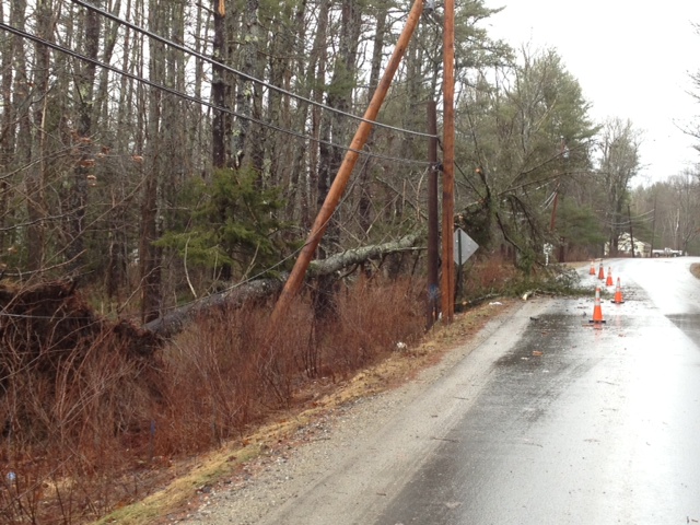 Downed tree on Back River Road in Boothbay. SUE MELLO/Boothbay Register, Wiscasset Newspaper Downed tree on Back River Road in Boothbay. SUE MELLO/Boothbay Register, Wiscasset Newspaper