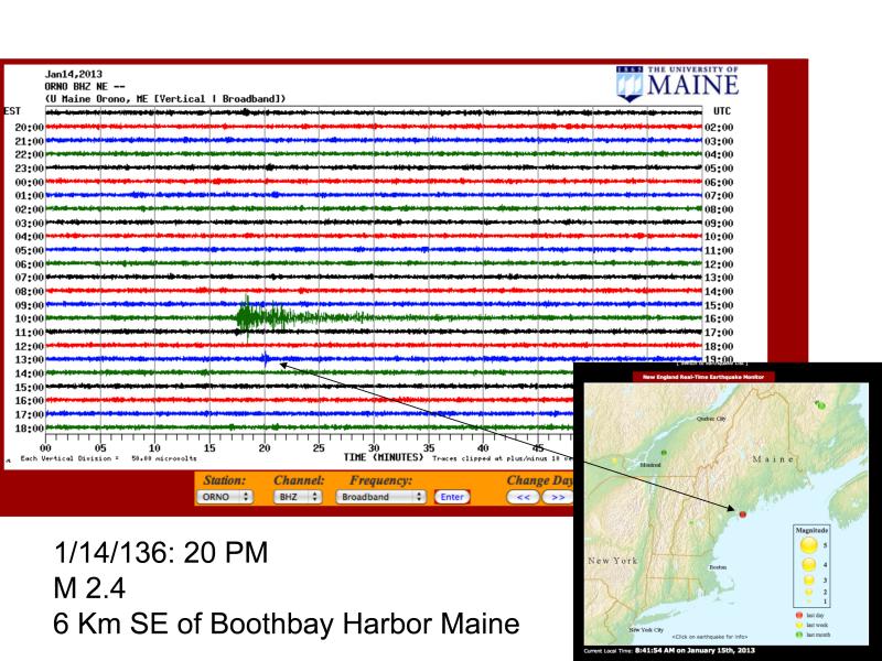 The University of Maine seismometer charted the 2.5-magnitude earthquake off Boothbay Harbor on January 14. Alice Kelley, a faculty member in the UMaine School of Earth and Climate Sciences, prepared a seismometer graphic displaying the occurrence. Below: A Google Maps image of the epicenter's location, marked by a green arrow. The University of Maine seismometer charted the 2.5-magnitude earthquake off Boothbay Harbor on January 14. Alice Kelley, a faculty member in the UMaine School of Earth and Climate Sciences, prepared a seismometer graphic displaying the occurrence.