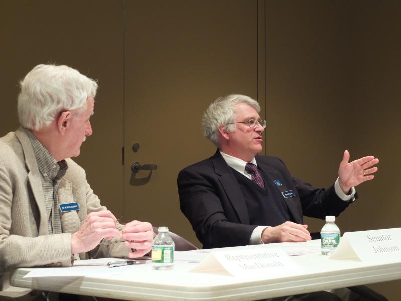 Democratic legislators representing Lincoln County residents led the Damariscotta forum on the governor's proposed biennial budget, which starts July 1 this year and ends June 30, 2015. State Rep. Mick Devin (District 51, Newcastle), right, responds to audience member questions as Rep. Bruce MacDonald (District 61, Boothbay) listens. JOHN MAGUIRE/Wiscasset Newspaper Democratic legislators representing Lincoln County residents led the Damariscotta forum on the governor's proposed biennial budget, which starts July 1 this year and ends June 30, 2015. State Rep. Mick Devin (District 51, Newcastle), right, responds to audience member questions as Rep. Bruce MacDonald (District 61, Boothbay) listens. JOHN MAGUIRE/Wiscasset Newspaper