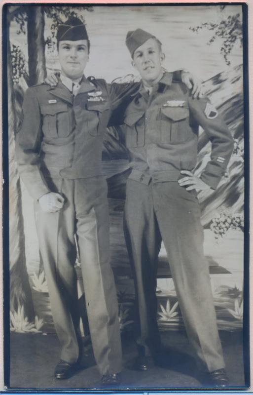 Two World War II veterans enjoy some time together just a few days after World War II ended in 1945. Left is George D’Amato, who became a lawyer in New York after the war. Right is George Jones, who became owner of Yankee Wholesale Company in Wiscasset. Two World War II veterans enjoy some time together just a few days after World War II ended in 1945. Left is George D’Amato, who became a lawyer in New York after the war. Right is George Jones, who became owner of Yankee Wholesale Company in Wiscasset.