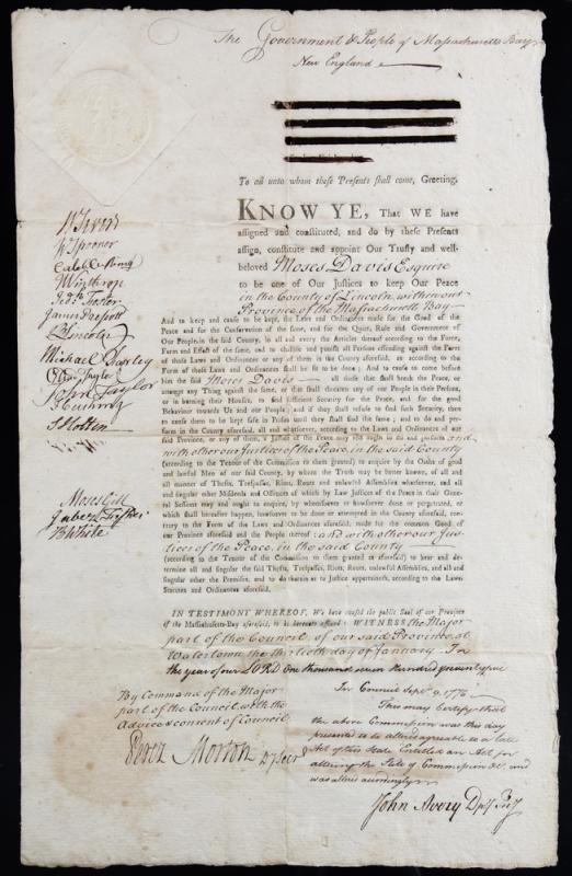 These documents appointing Edgecomb's Moses Davis a justice of the peace in Lincoln County in 1775 and 1781 will be up for auction June 1 and 2 in Thomaston. Courtesy of Thomaston Place Auction Galleries. These documents appointing Edgecomb's Moses Davis a justice of the peace in Lincoln County in 1775 and 1781 will be up for auction June 1 and 2 in Thomaston. Courtesy of Thomaston Place Auction Galleries.