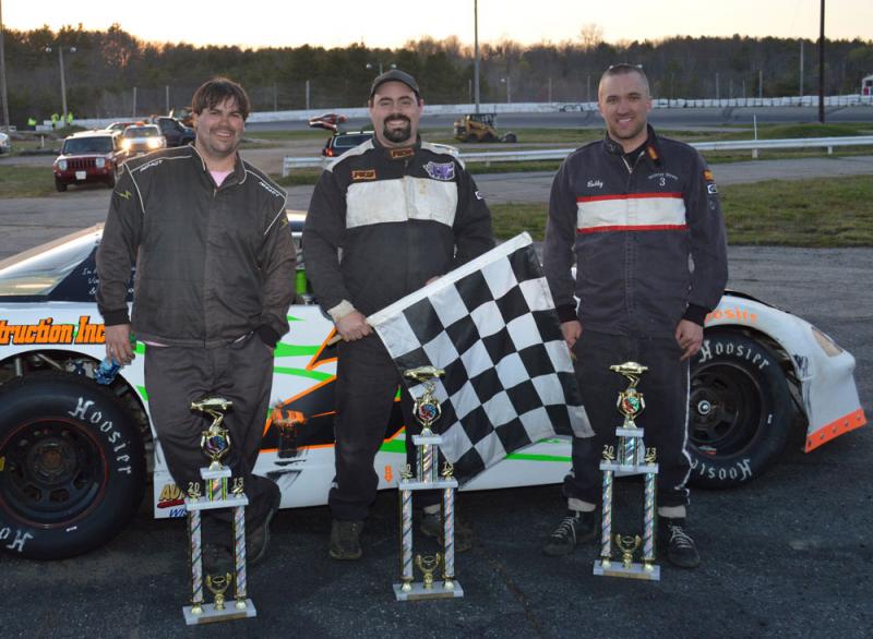 Josh Bailey of Wiscasset, center, holding the checkered flag, celebrates his first career win in the Super Stock race on May 4 at the Wiscasset Speedway. Adam Chadbourn of Woolwich, left, took third and Bobby Mesimer of Wiscasset, right, took second place. Courtesy of Peter Taylor, Wiscasset Raceway Josh Bailey of Wiscasset, center, holding the checkered flag, celebrates his first career win in the Super Stock race on May 4 at the Wiscasset Speedway. Adam Chadbourn of Woolwich, left, took third and Bobby Mesimer of Wiscasset, right, took second place. Courtesy of Peter Taylor, Wiscasset Raceway