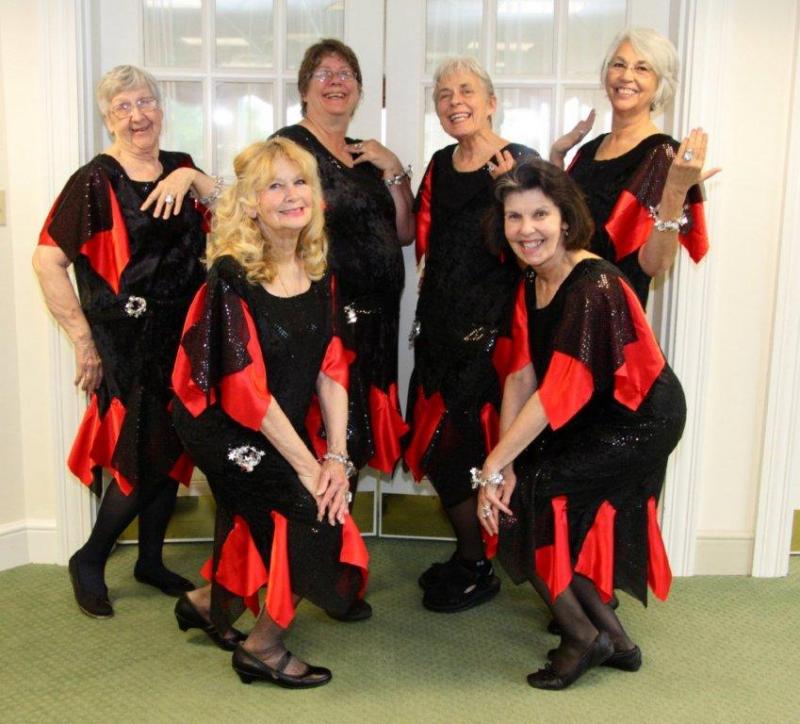 These ladies recreate the Charleston, the signature dance of the 1952 film "Has Anybody Seen My Gal." Pictured from left are, back row: Carolyn Gray, Catherine Rolerson, Polly Steadman and Carolyn Maunz; front row: Viola Glendinning and Sally Kinney. Courtesy of Carol Teel These ladies recreate the Charleston, the signature dance of the 1952 film "Has Anybody Seen My Gal." Pictured from left are, back row: Carolyn Gray, Catherine Rolerson, Polly Steadman and Carolyn Maunz; front row: Viola Glendinning and Sally Kinney. Courtesy of Carol Teel
