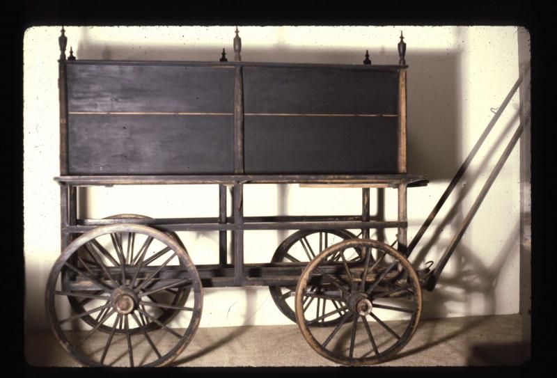 This circa 1800 horse-drawn hearse wagon spent an unknown length of time in a cemetery shed in Alna. The town bought it used in 1820. Courtesy of the Maine State Museum. This circa 1800 horse-drawn hearse wagon spent an unknown length of time in a cemetery shed in Alna. The town bought it used in 1820. Courtesy of the Maine State Museum.