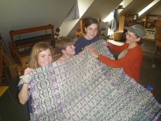 Art teacher Sue West, right, had Chewonki Semester School students hand-spin wool from sheep at the school’s farm, then weave it to create this blanket. Courtesy of Sue West Chewonki Semester School art teacher Sue West