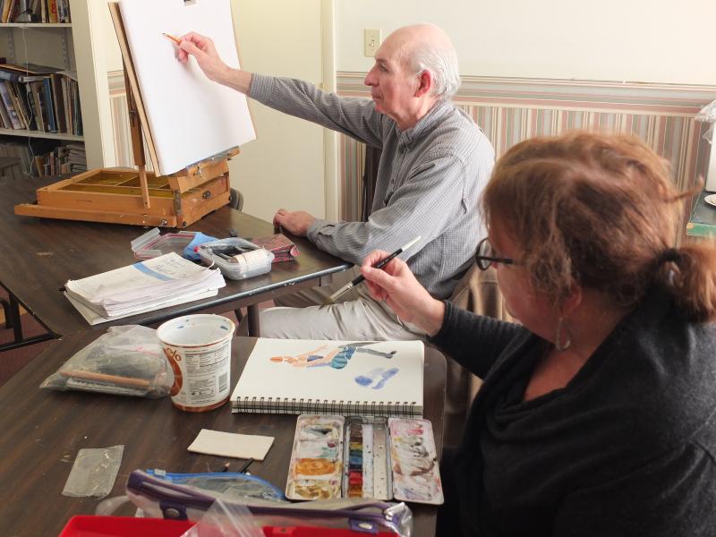 Jane Rosenfield and Jason Stearns at a recent BRAF drawing class. LISA KRISTOFF/Boothbay Register