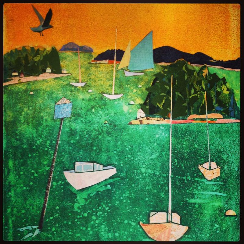 Detailed view, "Entrance to the Harbor," 55 by 32-inch mixed media piece by Paula Ragsdale. Paula Ragsdale - ME