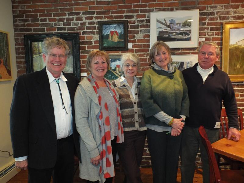 These two dimensional artists of the Studio 53 Fine Art collective in Boothbay Harbor have a show at the Damariscotta River Grill through April. From left, John M.T. Seitzer, Priscilla May Alden, Lynne Seitzer, Paula Ragsdale and Bob McKay. LISA KRISTOFF/Boothbay Register Artists of Studio 53 Boothbay Harbor