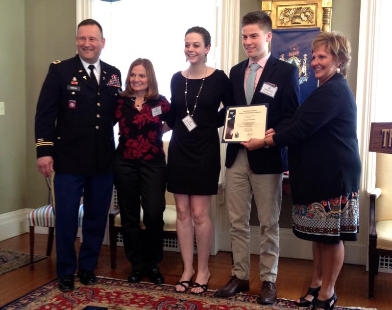 Pictured from left at the presentation to Wiscasset High School are Chaplain (Colonel) Andrew Gibson, Maine Army National Guard and Director of Maine Military Services; Deb Pooler, WHS Student Council Advisor; Briana Goud, WHS Student Council Vice President; Logan Grover, WHS Student Council President; and first lady Ann LePage. Courtesy of Wiscasset High School