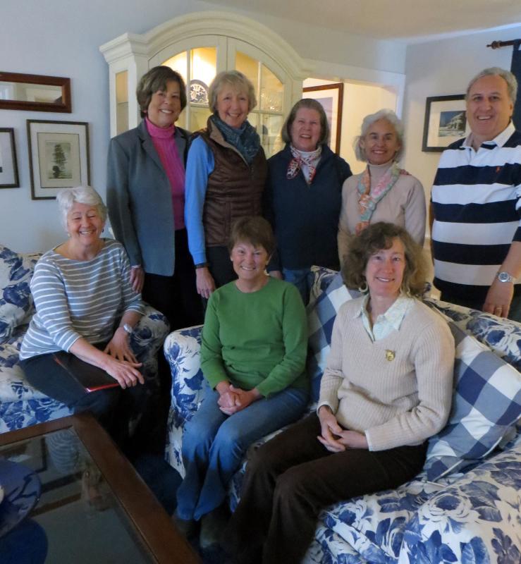 Sheepscot Valley Conservation Association volunteers meet at the Snow Squall Inn in Wiscasset to begin planning for annual fundraising event. Seated, from left, Honor Sage, Carole Dunbar, Suki Flanagan; standing, from left, Wendy Ross Eichler, Ann Springhorn, Judy Fossel, Elizabeth Davis and Paul Harris. Courtesy of Kristin Pennock