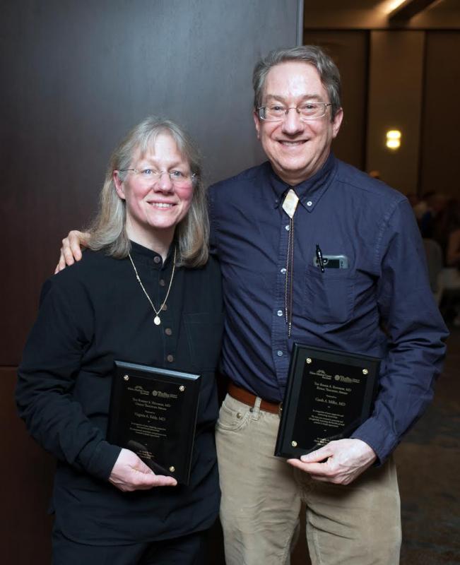 Lincoln Medical Partners general surgeon Garth Miller received the Roger A. Renfrew, MD, Rural Teaching Award at the Maine Track Program Graduation earlier this month. The Maine Track Program is a unique medical school program that brings third-year medical school students to rural communities where they can develop the relationships that often lead them to return following graduation. He is pictured with Virginia A. Eddy, MD, Tufts University School of Medicine Professor, who received the Robert S. Hillman, MD, Urban Teaching Award. Courtesy photo