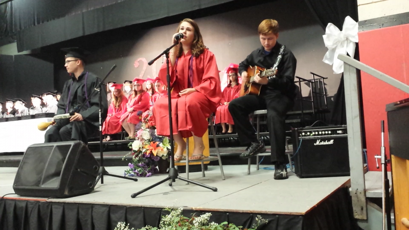 Logan Grover, left, Abby Dunn and Samuel Smith perform during the June 5 graduation ceremonies at Wiscasset High School. BEN BULKELEY/Wiscasset Newspaper