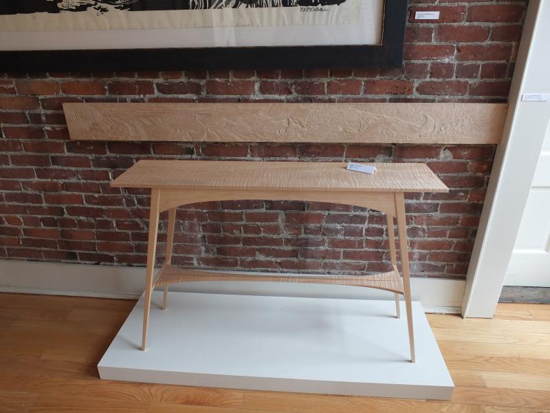 Eben Blaney's Heron table of tiger maple. LISA KRISTOFF/Boothbay Register Eben Blaney's Heron table of tiger maple.