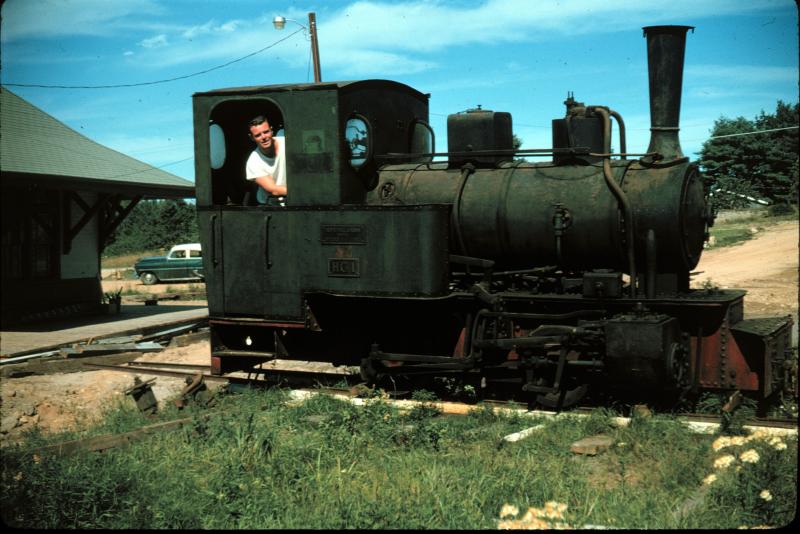 George McEvoy looks out from one of the first trains brought to the Boothbay Railway Village in the early 1960s. Courtesy of Bob Ryan