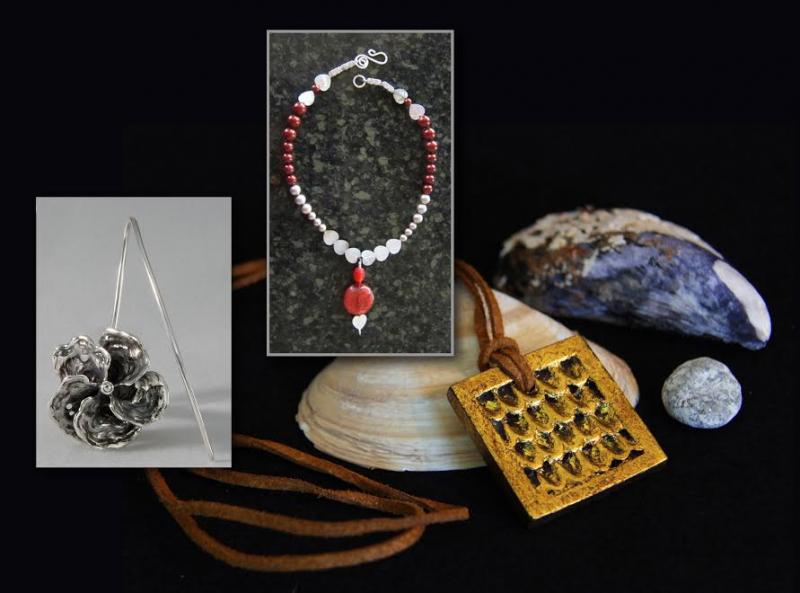 Kovalcik’s “Twirly” earrings, in sterling silver; Loughridge’s “Sundown Red” necklace includes lampwork glass, black lip shell beads, and Argentium sterling silver; Salvatierra’s “mermaid scale” pendant is Spanish cedar with gold leaf.