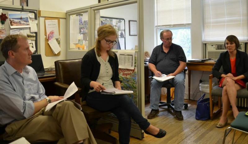 Staff at the Boothbay Register on Aug. 19 keep the questions coming for Democratic U.S. Senate nominee Shenna Bellows, far right. From left are Chief Operating Officer Kipp Wright, Assistant Editor Nicole Lyons and Editor Kevin Burnham. LYNDA CLANCY/Penbay Pilot Chief Operating Officer Kipp Wright, Assistant Editor Nicole Lyons, Editor Kevin Burnham, Democratic U.S. Senate nominee Shenna Bellows