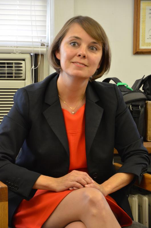 Democratic nominee for the U.S. Senate Shenna Bellows responds to a question in the Boothbay Register newsroom on Aug. 19. LYNDA CLANCY/Penbay Pilot Shenna Bellows