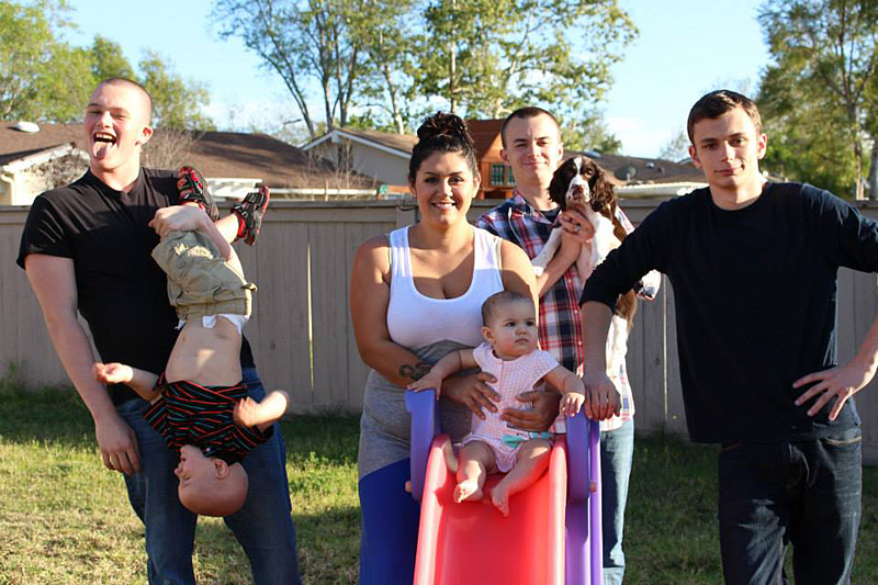 Alex Bryant (uncle), Christian, Jensen (mom), Arianna (sister), Max Bryant (uncle) with the family dog, Bear, and Chris (dad). (Courtesy Jensen Bryant)