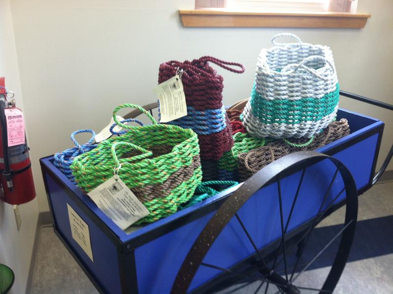 Custom Cordage (in Waldoboro) makes these rope baskets on display at the new Newcastle shop, Milling Around. SUZI THAYER/Wiscasset Newspaper