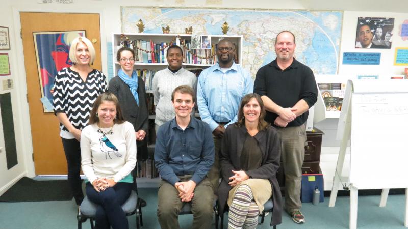 VISITING CTL. Pictured from left are, back row: Jennifer Young of Amherst Regional Middle School, Marcella Didio of Auburn Junior High, Marcia Gomes of Amherst Regional Middle School, Jamie Isler of Amherst Regional Middle School, and CTL teacher Glenn Powers (grades 5-6 humanities and grades 5-8 science); front row: CTL teacher Anne Atwell-McLeod (grades 7-8 humanities), Chris Eggemeier of Amherst’s Wildwood School, and Jennifer Jensen of Amherst Regional Middle School. Courtesy of Center for Teaching and Learning