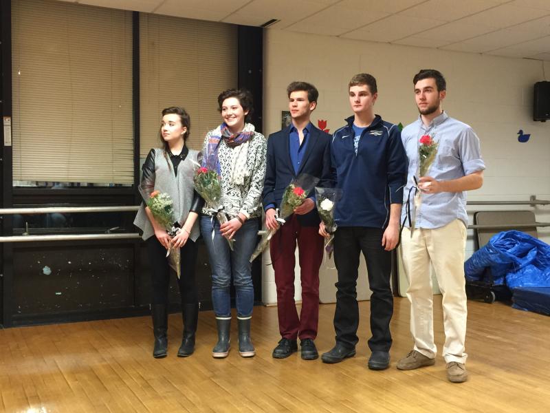 Coach Don Strout said goodbye to the Lincoln Academy Senior Swimmers. From left, Kristyna Skyvova, Cassie Leeman, Martin Kuccera, Camden Reiss and Nathan Osborne, Not pictured: Billy Seaman and Rowan Carroll-Christopher. KATRINA CLARK/Wiscasset Newspaper