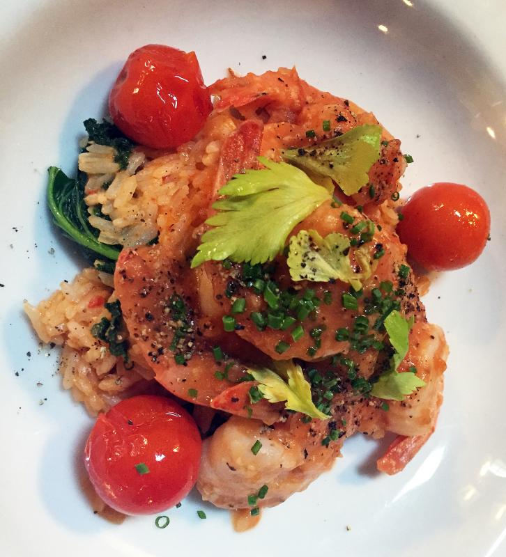 Chef Nick Krunkkala’s new dish: garlic shrimp with smoky tomato and crispy rice. SUZI THAYER/Boothbay Register