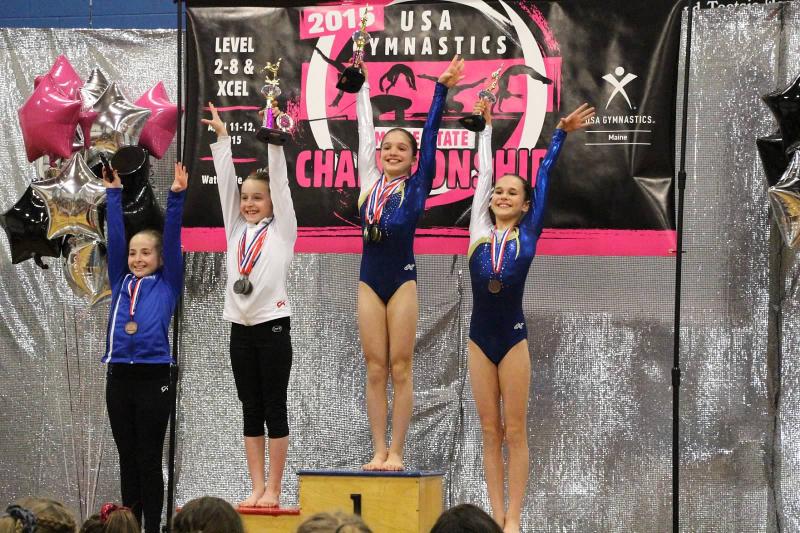 Maddy Russ, top step, age 11, Level 7 took 1st place all around and was named to Maine's Super 7 Team where she will compete in Rhode Island at the New England Regional Meet. Reed Gulden, right, age 11, Level 7 gymnast placed 3rd all around in Maine with a personal best floor score of 9.325. Courtesy of Liz Hall