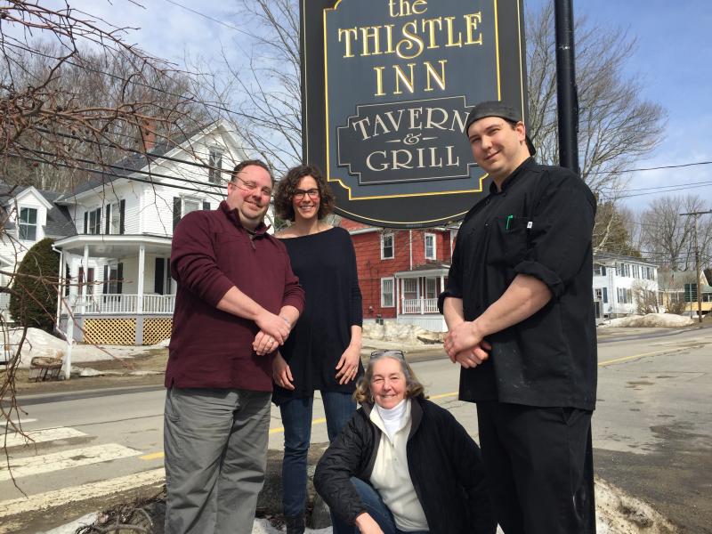 Outside The Thistle Inn in Boothbay Harbor are, from left, owner Max Ross, pastry chef Alex Tallen, dining room manager Mary Lou Koskela and executive chef Nick Krunkkala. SUZI THAYER/Boothbay Register
