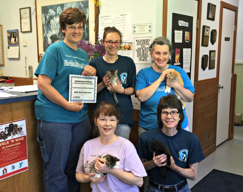 Members of the Lincoln County Animal Shelter staff hold kittens up for adoption at the shelter. Clockwise from top left: Betsy Pratt, Amanda Yeaton, Jen Feltis, Eliza Allison and Tammy Steinmetz. KATRINA CLARK/Boothbay Register