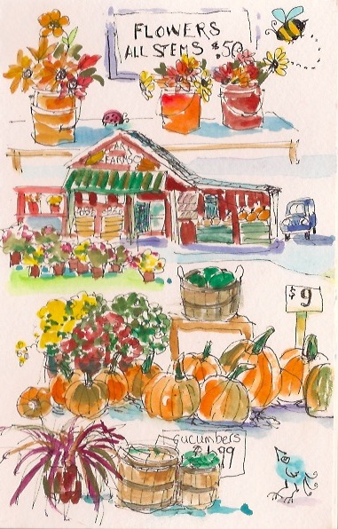 Artist Hannah Ineson’s example of illustrated journaling with watercolors. Ineson will offer two workshops, in mid-July and mid-August at River Arts and various scenic locations. Courtesy of Linda Morkeski Fall Farm Stand Hannah Ineson