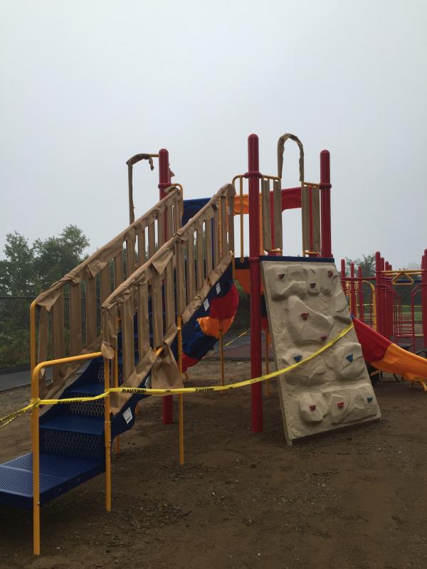 A new triple slide is in place at Wiscasset Elementary School. Work on the playground was continuing Aug. 24. SUSAN JOHNS/Wiscasset Newspaper Wiscasset Elementary School playground