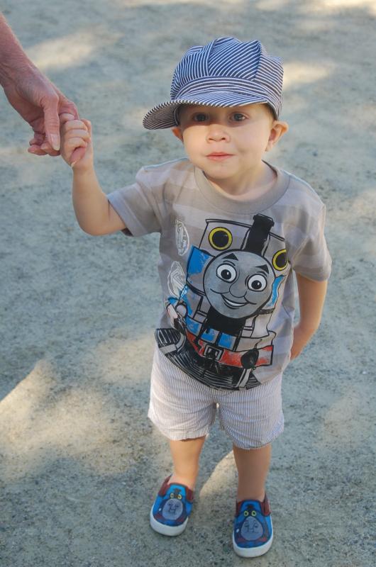 Landyn Peters, 2, of Boothbay, complete with his Thomas the Tank Engine shirt and shoes. ART MAYERS/Boothbay Register