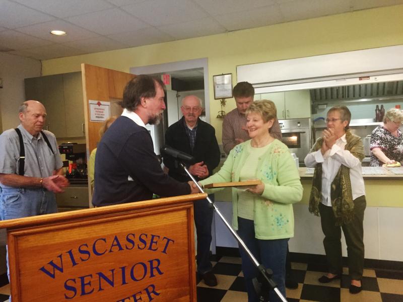 Wiscasset Selectmen’s Chairman Ben Rines Jr. gives a proclamation from the board to Wiscasset Senior Center Chairman Arlene Polewarczyk at the center’s 25th anniversary on Sept. 30. SUSAN JOHNS/Wiscasset Newspaper Ben Rines Jr., Arlene Polewarczyk, Wiscasset Senior Center