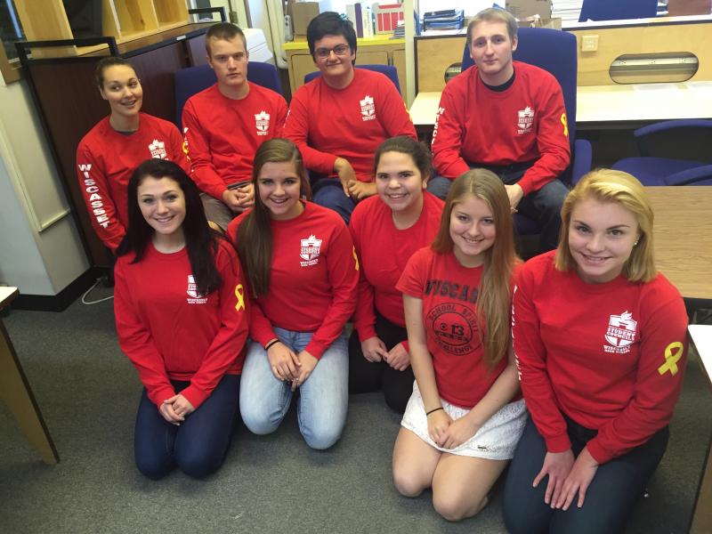 Those helping lead the way on Wiscasset Middle High School’s next run in WGME’s Spirit Challenge include, front row, from left: Vanessa Dunn, Lindsey Gordon, Corey Campbell, Samantha Arsenault, and Amanda Johnson; and back row, from left: Kendra Chancellor, Daren Wood, Remy Segovia and Trent Shorey. They gathered in a technology lab at the school Nov. 16 to talk about the upcoming food drive-contest. SUSAN JOHNS/Wiscasset Newspaper