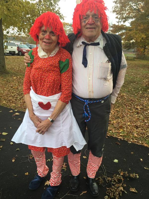 Iona and Ken Morse of Woolwich wear Raggedy Ann and Andy costumes they first wore 25 years ago. Iona Morse used a blouse as a new apron for her costume. SUSAN JOHNS/Wiscasset Newspaper