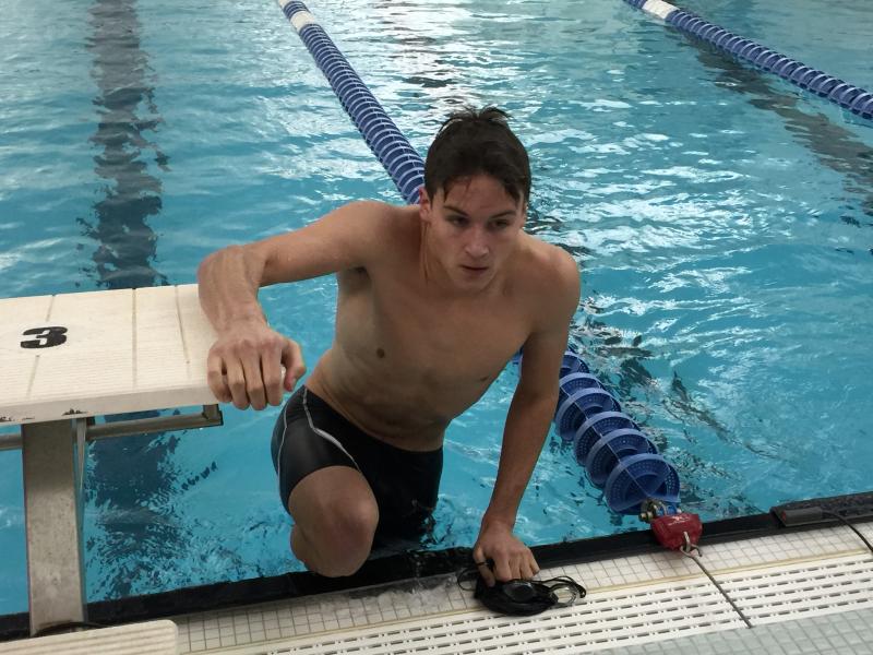 Senior Camden Gulden finished his 100-yard freestyle in first place with a time of 54:26, qualifying for states. KATRINA CLARK/Wiscasset Newspaper