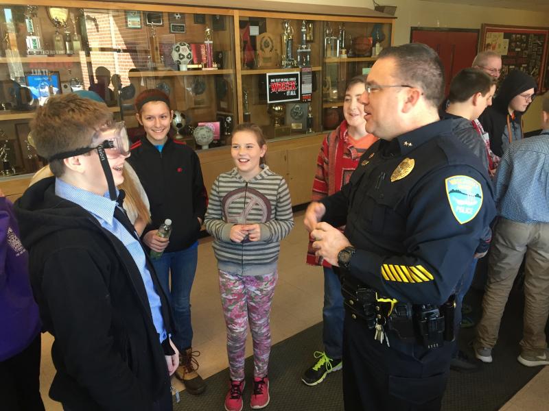 Seventh grader Dalton Roy listens Jan. 21 as Cline talks about the goggles Roy has on. SUSAN JOHNS/Wiscasset Newspaper