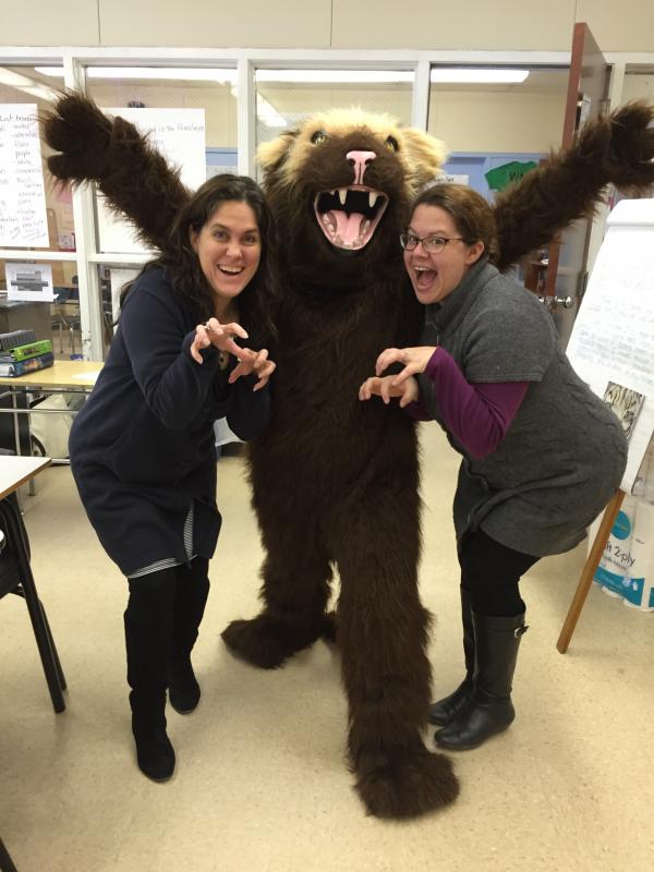 From left, WMHS teachers Stacylynn Rouleau, Tricia Bursey in mascot costume and Katie Loubier show their Wolverine spirit as WGME’s Spirit Challenge continues. Courtesy of Deb Pooler