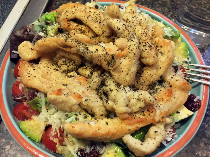 Fried pieces of chicken breast top off a salad nicely. SUZI THAYER/Boothbay Register